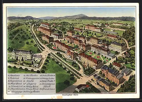 Künstler-AK Bern, Inselspital, Apotheke, Poliklinik, Augenklinik