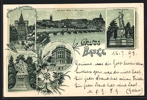 Lithographie Basel, Strassburger Denkmal, Spalentor, Basler Handelsbank