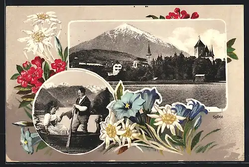 AK Spiez, Uferpartie mit Kirche, Paar im Boot, Alpenblumen, Passepartout