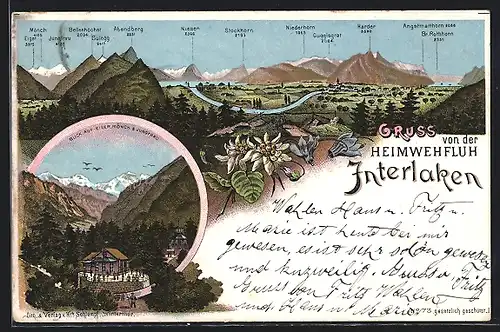 Lithographie Interlaken, Gasthaus Heimwehfluh mit Mönch und Eiger, Bergpanorama