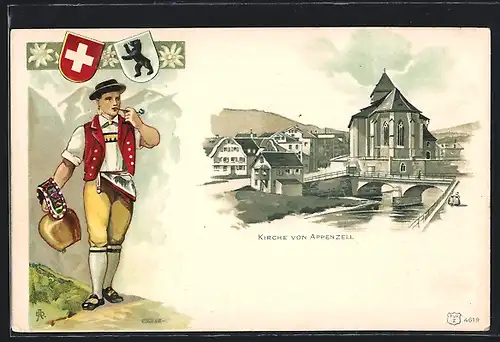 Lithographie Appenzell, Kirche mit Brücke, Appenzeller mit Kuhglöcke