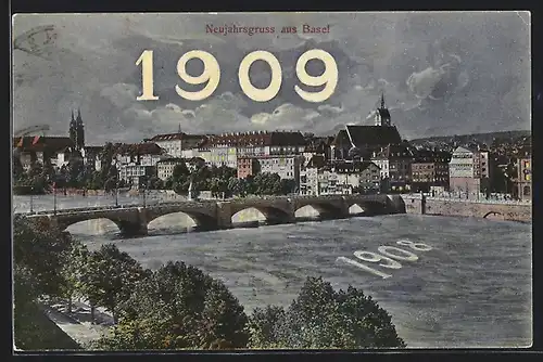 AK Basel, Uferpartie, Neujahrsgruss 1909