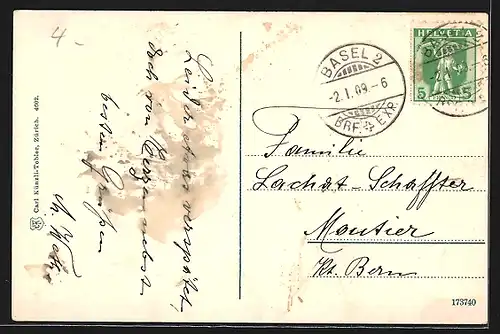 AK Basel, Uferpartie, Neujahrsgruss 1909