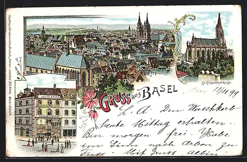 Lithographie Basel, St. Elisabethkirche, Geschäftshaus Julius Brann, Teilansicht über Kirchen und Häuser