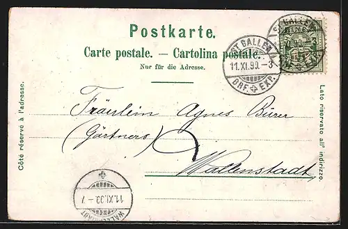 Lithographie Basel, St. Elisabethkirche, Geschäftshaus Julius Brann, Teilansicht über Kirchen und Häuser