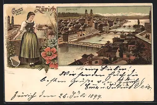Lithographie Zürich, Teilansicht mit Brücke
