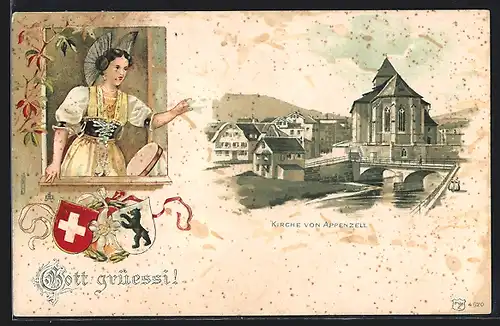 Lithographie Appenzell, Blick zur Kirche, Frau in Tracht am Fenster, Wappen