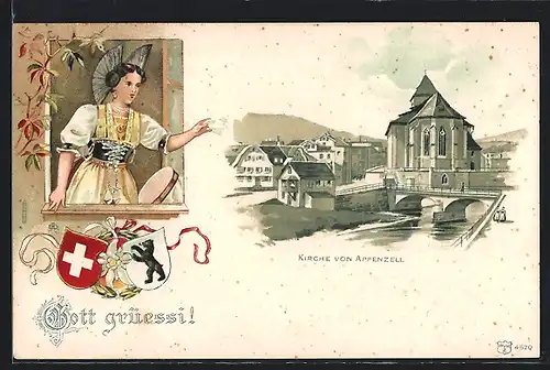 Lithographie Appenzell, Blick zur Kirche, Frau in Tracht am Fenster, Wappen