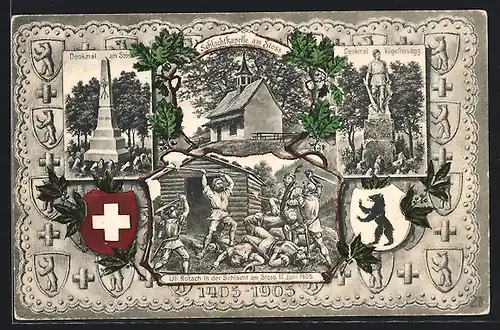 AK Stoss, Schachtkapelle, Denkmal Vögelinsegg, Uli Rotach in der Schlacht 1405