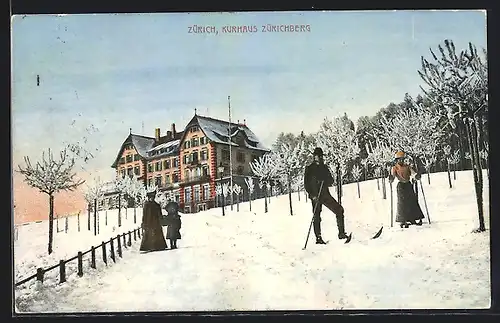 AK Zürich, Kurhaus Zürichberg und Skifahrer im Schnee
