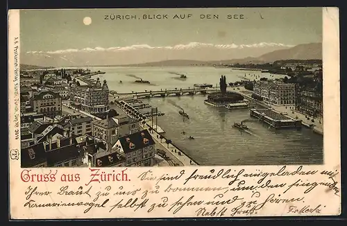 Lithographie Zürich, Blick auf den See