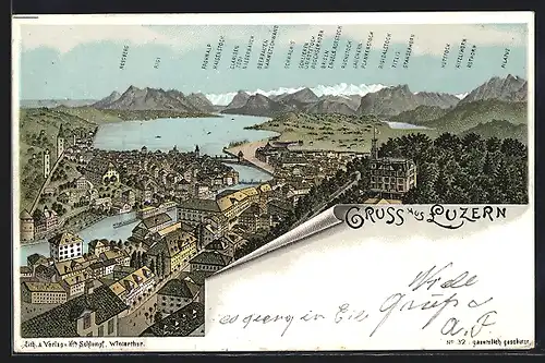Lithographie Luzern, Totalansicht mit Alpenpanorama
