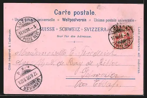 Lithographie Luzern, Totalansicht mit Alpenpanorama