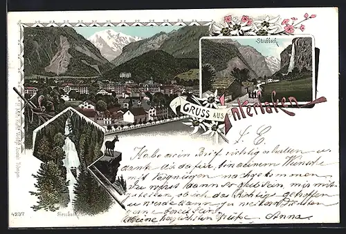 Lithographie Interlaken, Staubbach mit Passanten, Teilansicht vom Ort aus der Vogelschau