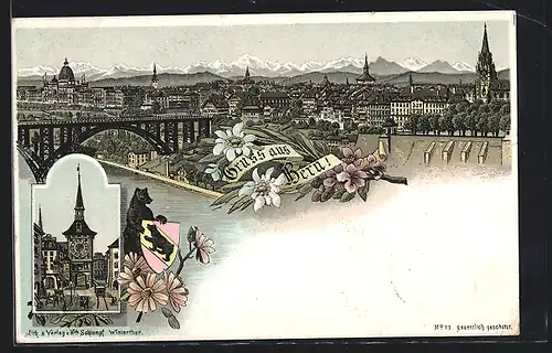 Lithographie Bern, Ortsansicht mit Brücke und Bergpanorama, Wappen