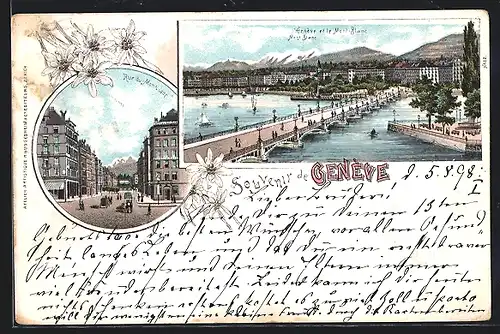 Lithographie Genève, Panorama et le Mont-Blanc, Rue du Montblanc