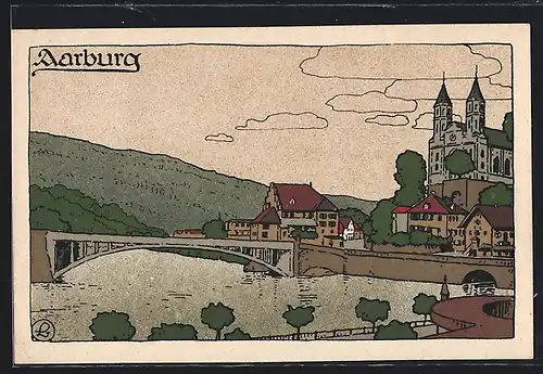 Künstler-AK Aarburg, Uferpartie mit Kirche