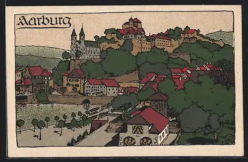 Steindruck-AK Aarburg, Panoramablick auf die Stadt