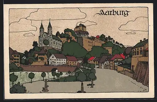 Steindruck-AK Aarburg, Strassenpartie mit Blick auf Schloss und Kirche