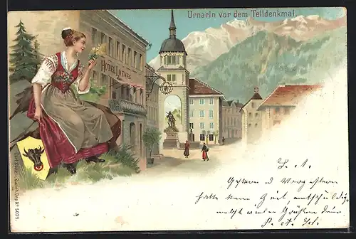Lithographie Altdorf, Hotel Loewen, Urnerin vor dem Telldenkmal