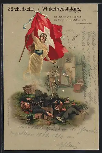 Lithographie Zürich, Winkelriedstiftung, Frau mit Schweizer Flagge, verletzte Soldaten, trauernde Frau und Kinder