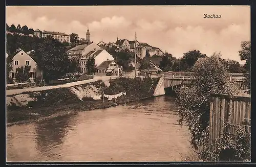 AK Dachau, Teilansicht mit Brücke