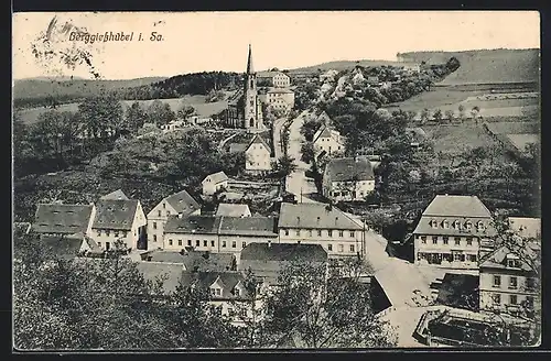 AK Berggiesshübel, Strassenblick mit Kirche und Geschäft