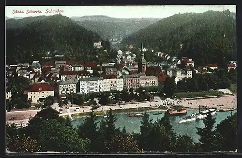 AK Schandau /Sächs. Schweiz, Uferpartie mit Kirche