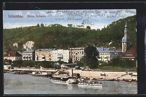 AK Schandau, Ortsansicht, Dampfer auf der Elbe