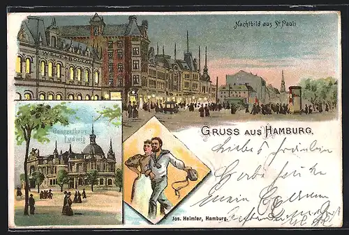 Lithographie Hamburg-St.Pauli, Reeperbahn mit Welt-Bodega bei Nacht, Matrose mit Frau