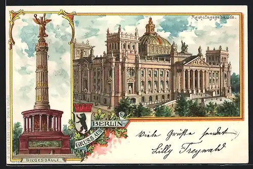 Lithographie Berlin-Tiergarten, Reichstagsgebäude, Siegessäule, Wappen