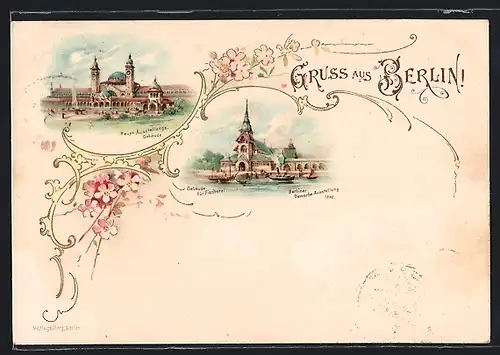 Lithographie Berlin, Gewerbe-Ausstellung 1896, Haupt-Ausstellungsgebäude, Restaurant Aussichtsturm
