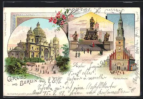 Lithographie Berlin, Neuer Dom, Marien-Kirche, Luther Denkmal, Neuer Markt