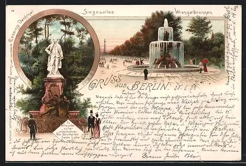 Lithographie Berlin-Tiergarten, Siegesallee, Wrangelbrunnen, Lessing-Denkmal um 1900