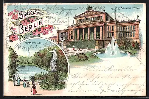 Lithographie Berlin, Königliches Schauspielhaus, Gendarmenmarkt, Goldfischteich