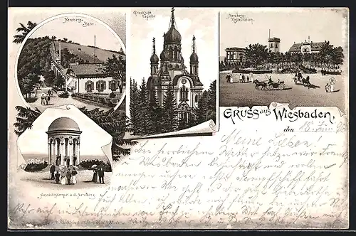 Lithographie Wiesbaden, Neroberg-Restaurant, Griechische Kapelle