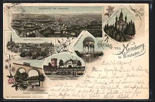 Lithographie Wiesbaden, Kochbrunnenplatz, Griechische Kapelle, Restaurant auf dem Neroberg