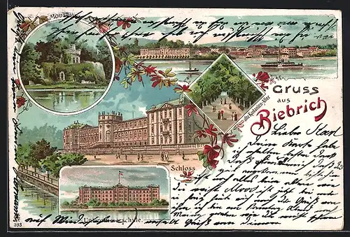 Lithographie Biebrich, Moosburg, alte Kastanienallee, Schloss, Unterofficiersschule