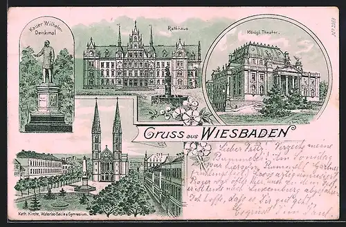 Lithographie Wiesbaden, Königl. Theater, Kathol. Kirche mit Waterloo-Säule und Gymnasium