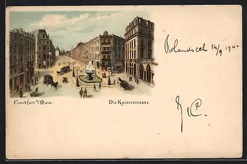 Lithographie Frankfurt a. Main. Kaiserstrasse mit Pferdebahn und Kutschen