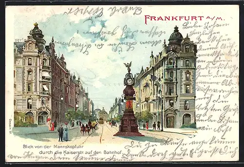 Lithographie Frankfurt, Blick von der Mannskopfuhr auf den Bahnhof