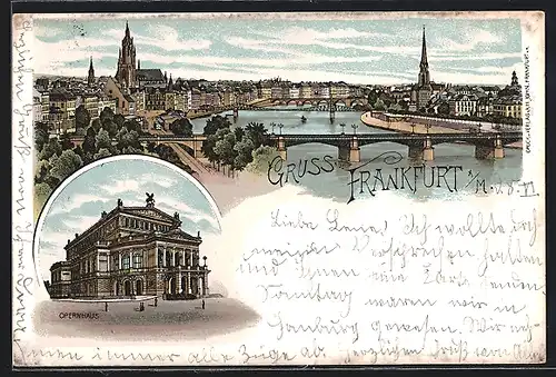 Lithographie Frankfurt a / M., Teilansicht mit Brücke, Opernhaus