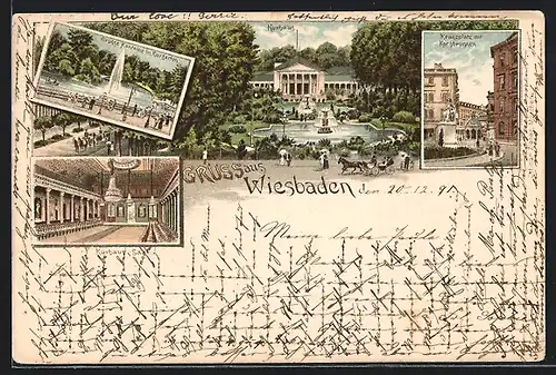 Vorläufer-Lithographie Wiesbaden, 1891, Kurhaus und -garten, Kranzplatz, Kurhaus-Saal