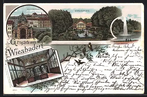 Lithographie Wiesbaden, Kochbrunnen, Kursaalplatz, Kochbrunnen-Quelle