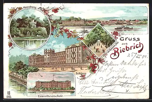 Lithographie Biebrich, Moosburg, alte Kastanienallee, Schloss, Unterofficiersschule