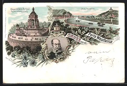 Lithographie Porta Westfalica, Kaiser-Wilhelm-Denkmal, Panorama, Portrait Kaiser Wilhelm I.