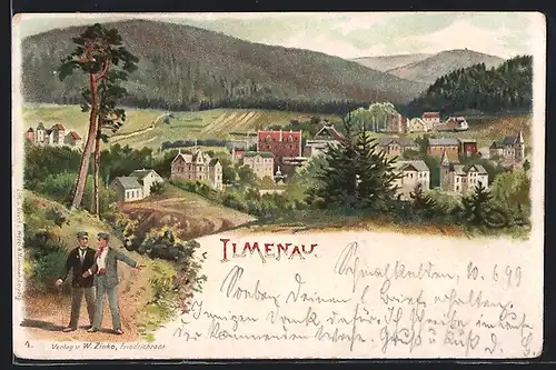 Lithographie Ilmenau, Ortsansicht mit Fussgängern