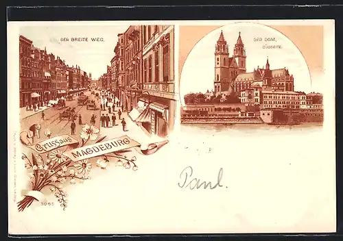 Lithographie Magdeburg, Strasse Breiter Weg mit Café und Strassenbahn, Dom Südseite