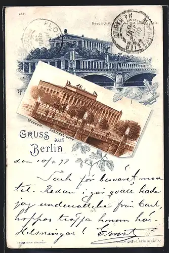 Lithographie Berlin, Friedrichsbrücke und Nationalgalerie, Museum, Schlossbrücke, Passepartout