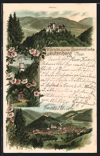 Lithographie Leutenberg, Friedensburg, Kaiser-Friedrich-Turm, Sizzo`s Höhe